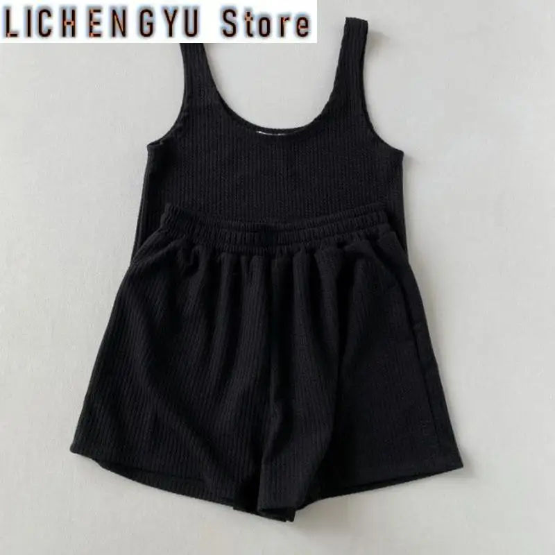 New Sleeveless Classic Women Set Casual Loose Vest Shorts Two Piece Sets Wide Leg Shorts Lazy Home Sports Matching Sets Female