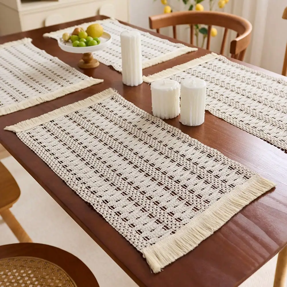 1/4/6pcs Beige Hollowed Placemats in Bohemian Style with Hand-woven Tassels, Double-Sided Usable, for Dining Tables & Desktops