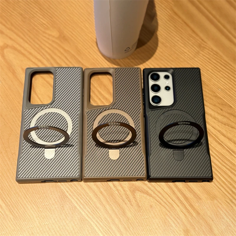 For Samsung Galaxy S24 S23 S22 S25 Ultra Plus Carbon Fiber Texture Magnetic Holder Phone Case Wireless Charging Shockproof Cover