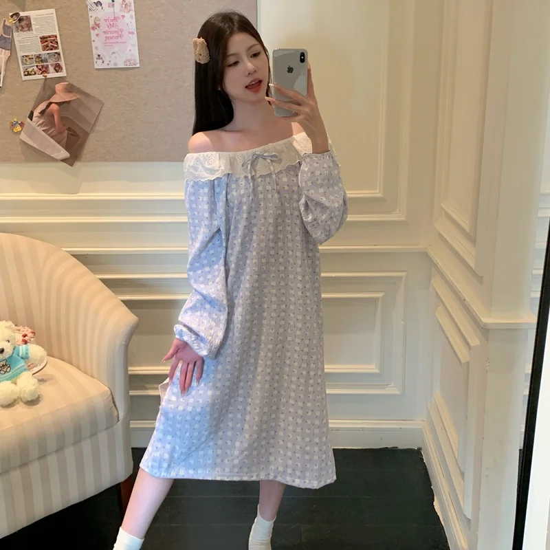 

2026 Spring Long Sleeve Casual Plaid Cotton Nightgowns for Women Korean Cute Lace Sleepwear Night Dress Nightdress Home Nighty