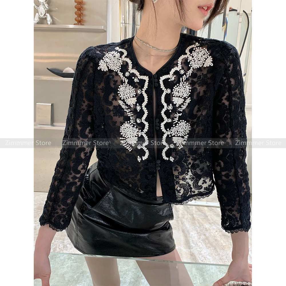 

Fashion Women's 24 Early Autumn Vintage Spice Girls Heavy Beaded Lace Arc Lace Short Jacket Top