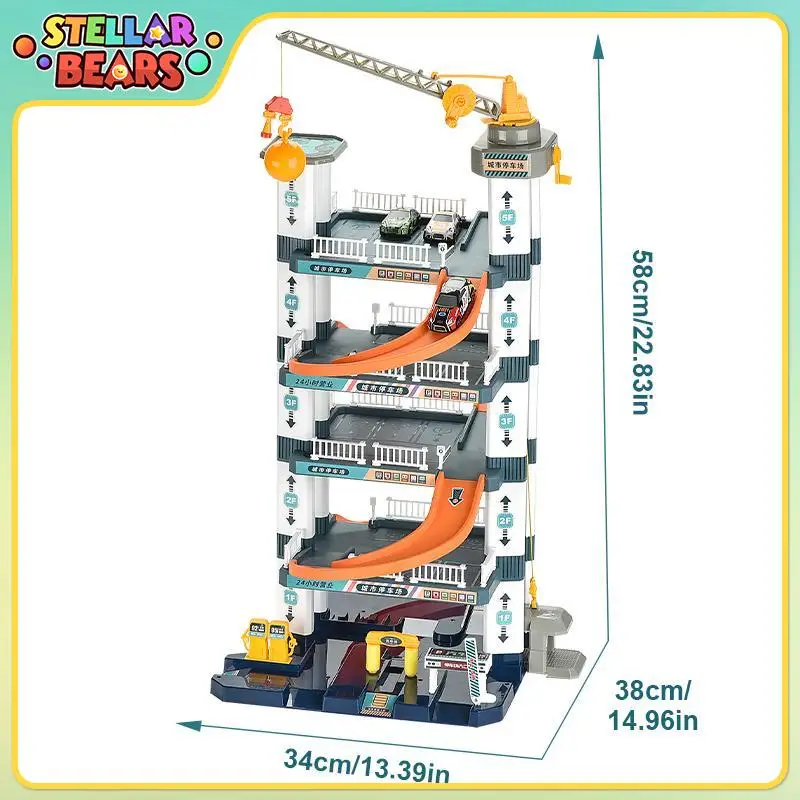 Construction de stationnement sur piste à manivelle, ascenseur manuel, jouet de Parking à cinq étages avec 3 Mini voiture coulissante, voiture sur Rail, jouet pour enfants, cadeau