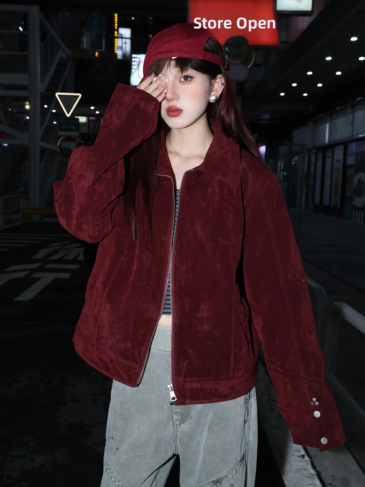 

Retro American Cleanfit Suede Collar Jaet ort Sle for Men And Women Casual Faion Windproof Polyester Fabric Coat