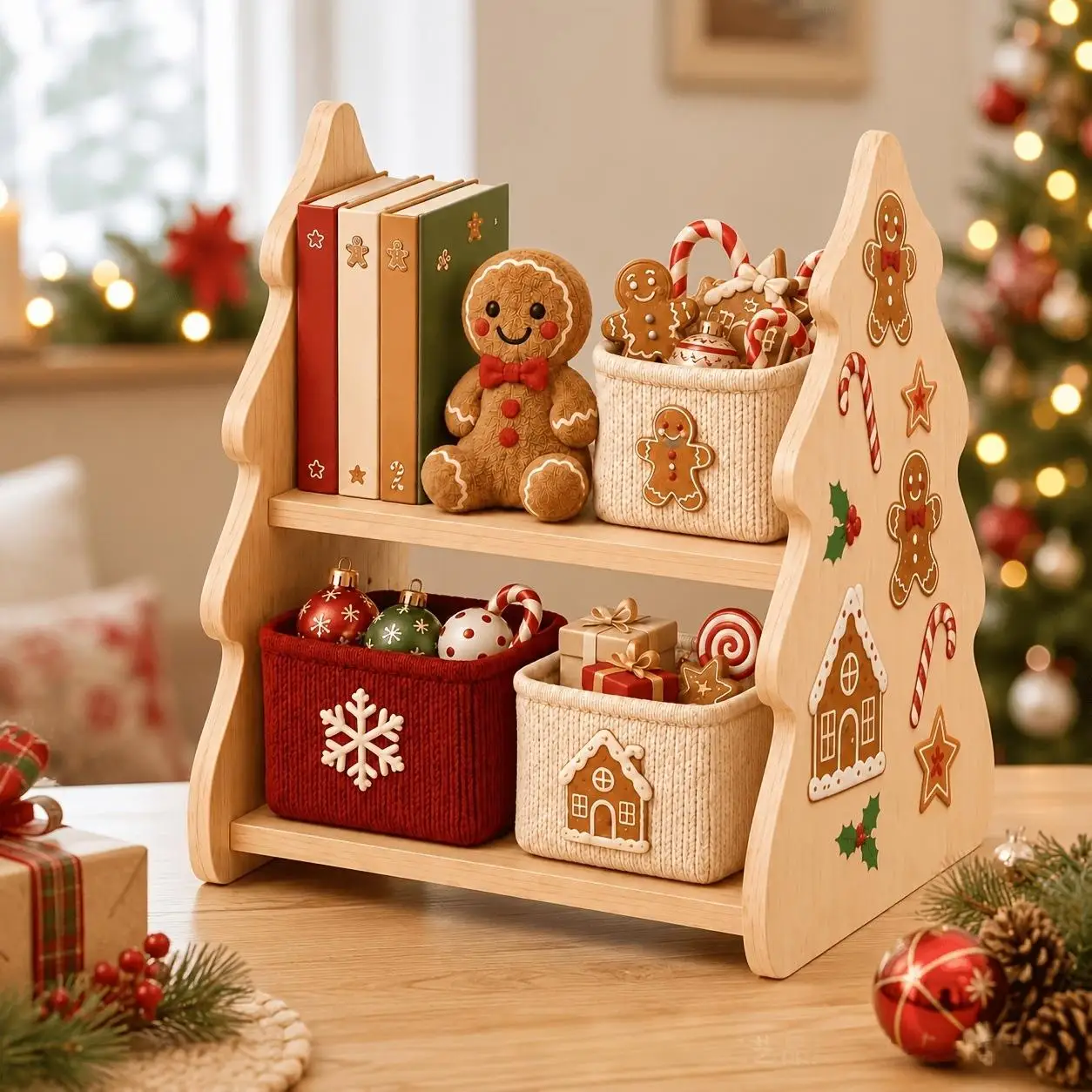 Wooden Christmas Tree Storage Rack with Gingerbread Man Stickers, Xmas Table Organizer for Books & Sundries, Holiday Decor Ornam