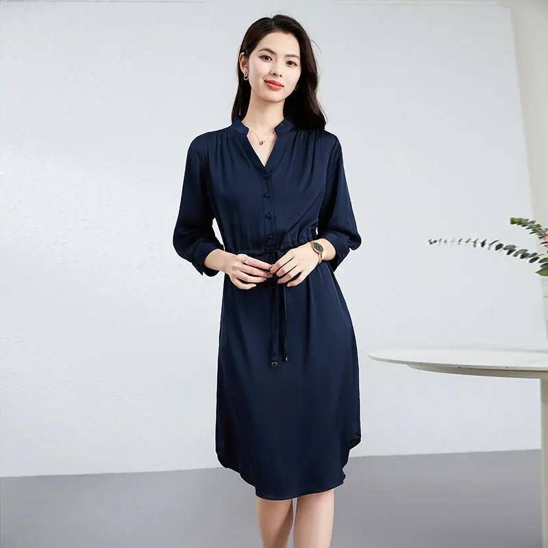 فستان نسائي 92.3% حرير 7.7 سباندكس برقبة على شكل V نصف كم برباط حتى الخصر فساتين غير رسمية على الموضة