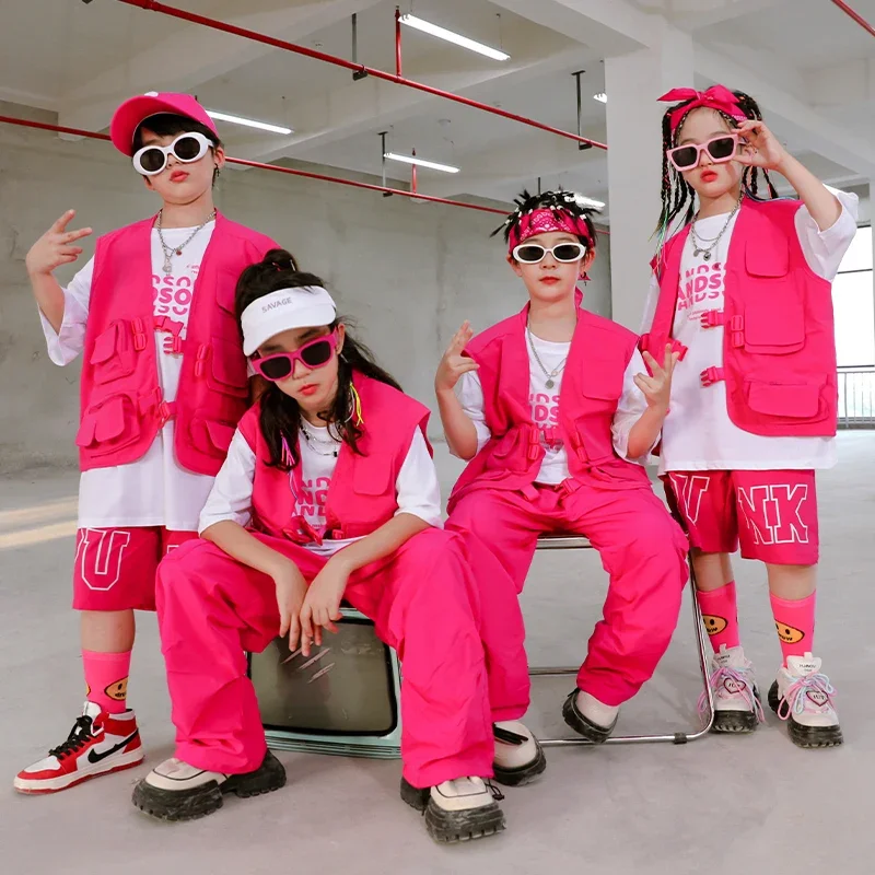 Summer Kids Hip Hop Clothing Rose Red Vest Shorts Girls Jazz Dance Costume Boys Street Dance Clothes Teenagers Group Kpop Outfit