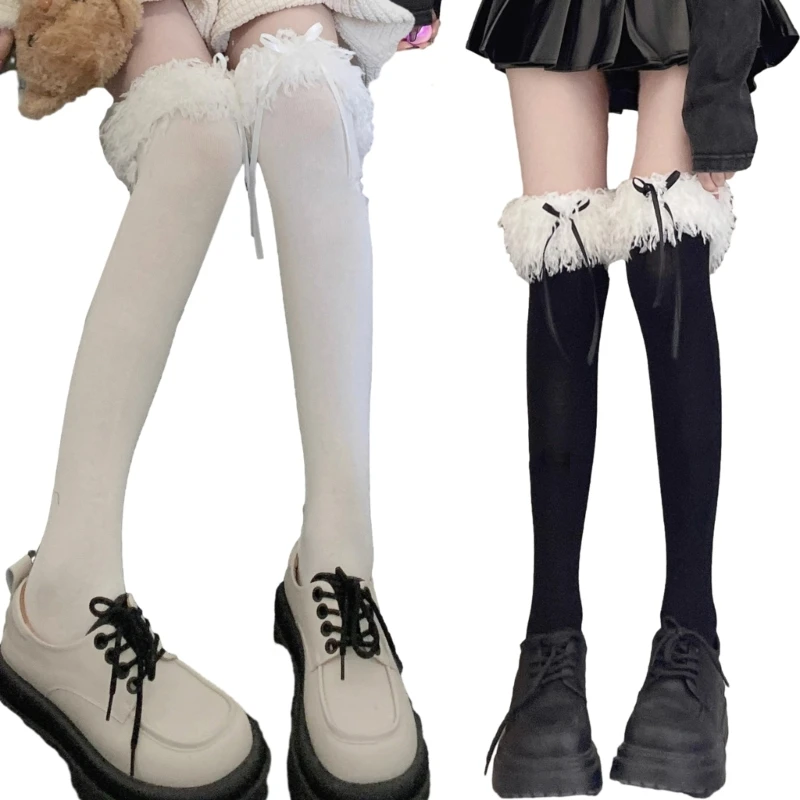 

2pcs Ballet Knee High Socks with Bows Lace Top Ruffle Calf Socks Calf Tube Socks