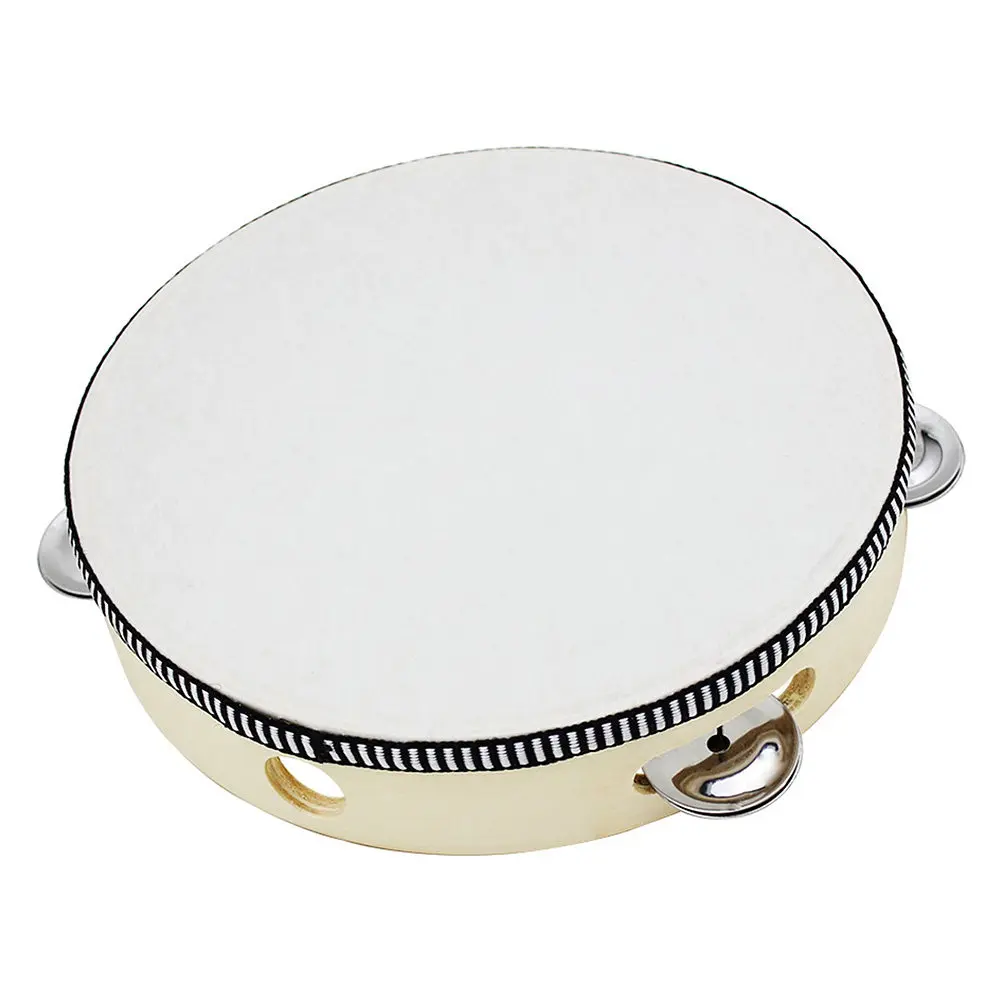 10 Inch Hand Held Sheepskin Tambourine Birch Wood Shell Polyester Head Metal Jingles Melodious Plink Portable for Party