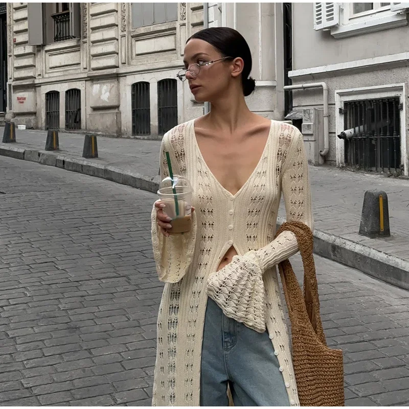 Elegant Knitted Hollow Out Long Dress Women Beach Ruffle Single-breasted Flare Sleeve Cardigan Robe Female Fashion Solid Dresses