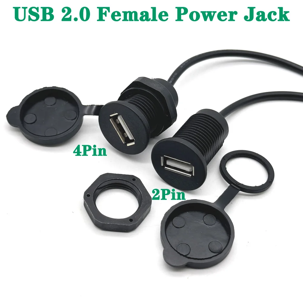 USB Female Port Convenient Mounting Threaded USB 2.0 Power Jack 2Pin 4Pin Charging Connector With Cable USB Charger Socket