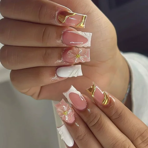 24Pcs Medium Square Press On Nails, Pink French with 3D Flower & Gold Line False Nails