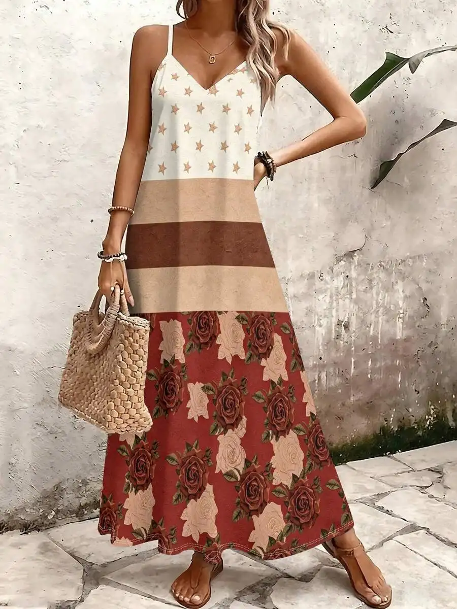 

V-Neck Spaghetti Strap A-Line Maxi Dress With Star And Rose Print