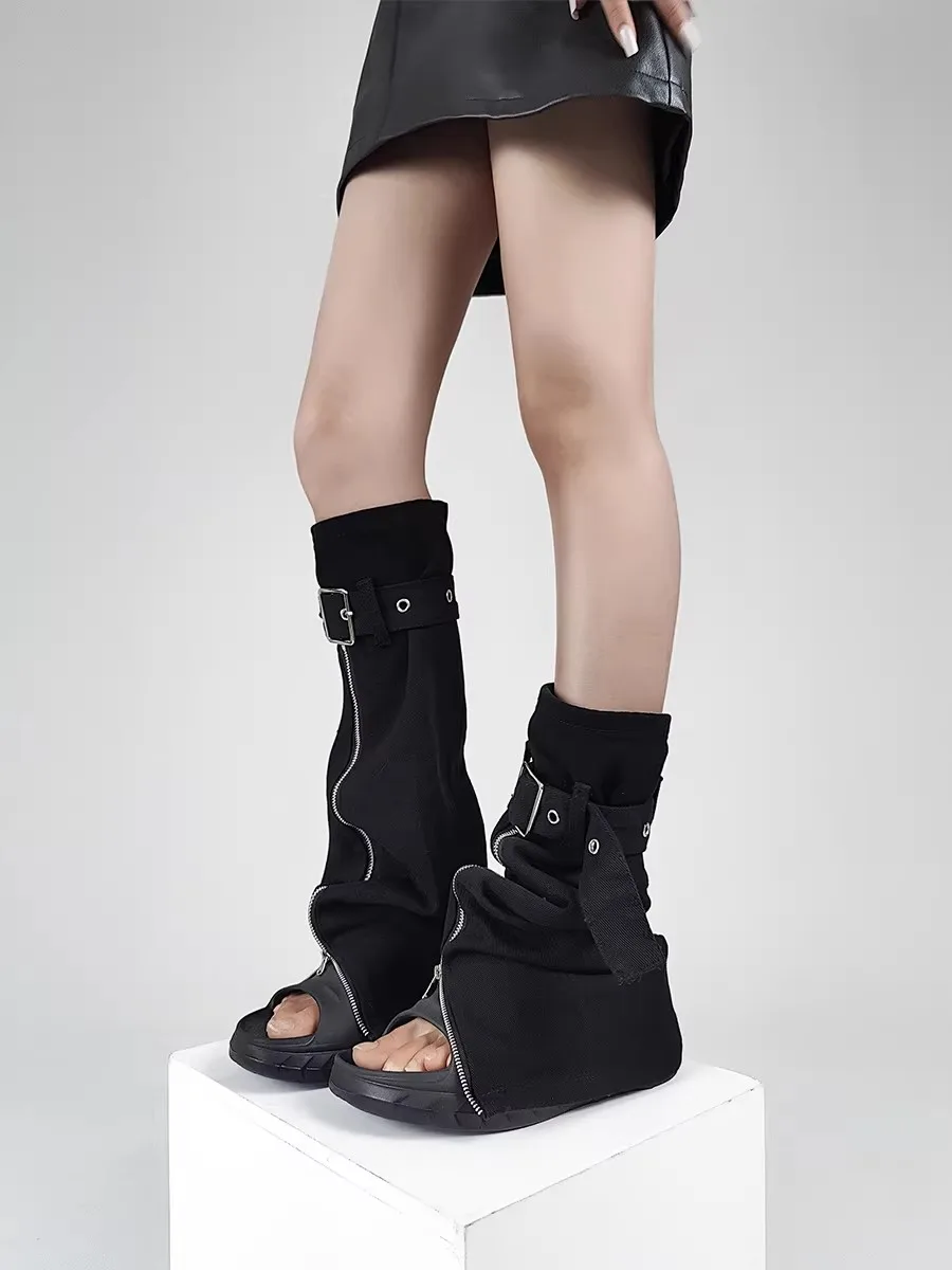 Y2K Hot Girl Denim Leg Warmers, Zipper Adjustable Buckle Design, Black Punk Techwear Slim‑Fit Leg Sleeves R3243 view 2
