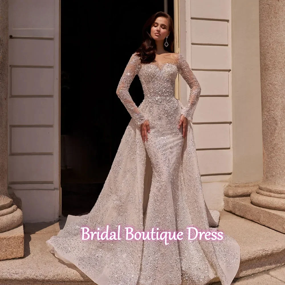 Customized Exquisite  Long Sleeve Sexy Mermaid Wedding Dresses Lace Beaded Sequined Shiny Vestido De Novia Detachable Train Brid