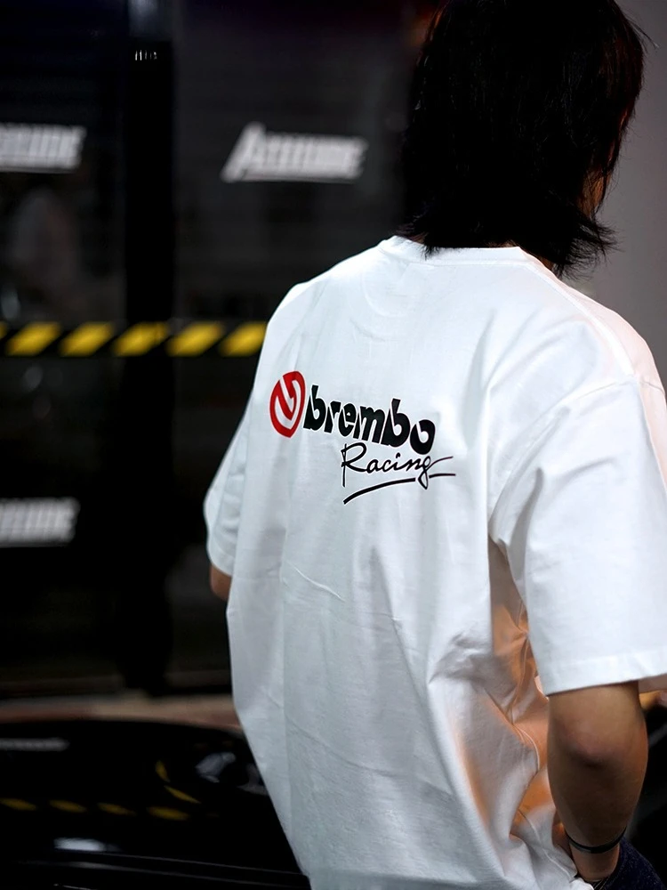 JDM Style Brembo Brake Puro Cotone Pesante Manica Corta 2025 Estate Vendita Calda Puro Cotone Moda Manica Corta da Uomo Tendenza