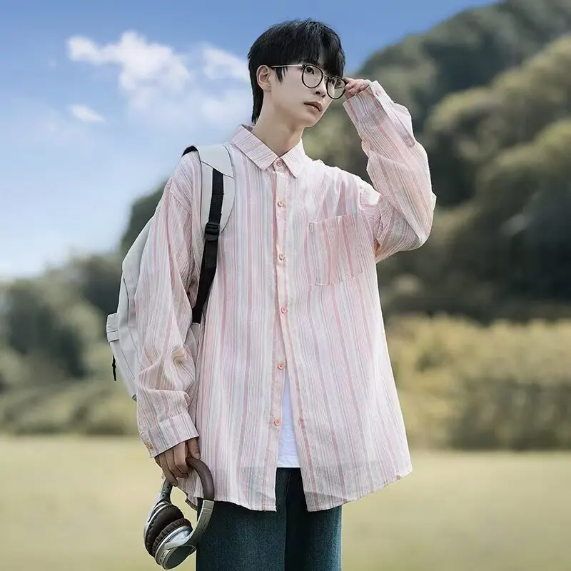 

Blue Pink Stripe Shirt Men Long Sleeve Autumn Vintage Style Loose Fit Breathable Wrinkle Resistant Workwear Urban Daily Top