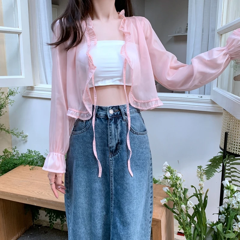 Cárdigan de gasa transpirable con volantes y cuello en V para mujer, blusa Sexy para vacaciones y playa, chaqueta fresca en polvo para mujer