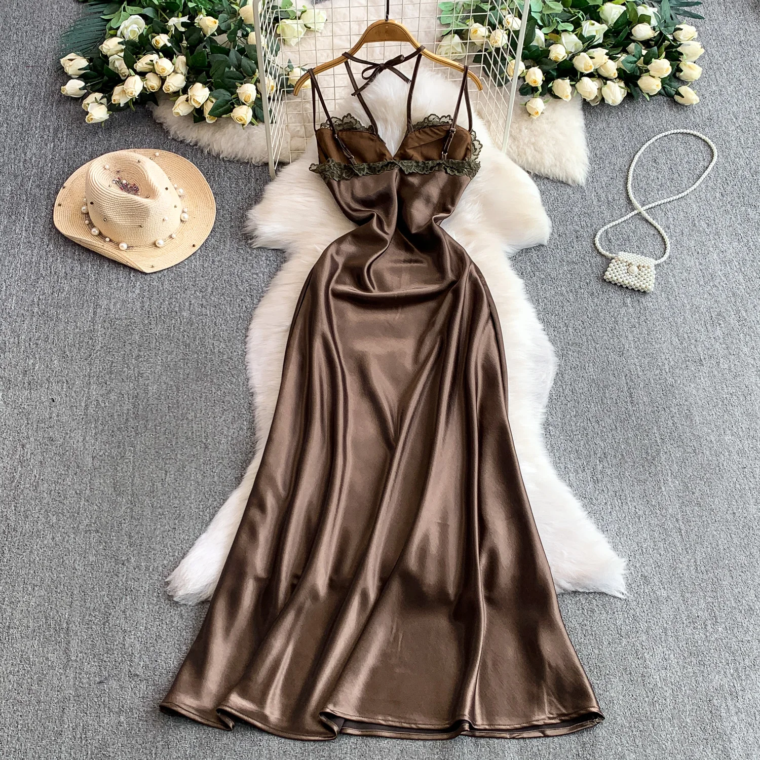 Chic vintage senza schienale in raso con scollo a V senza maniche Elegante fata coreana moda Party abbigliamento donna