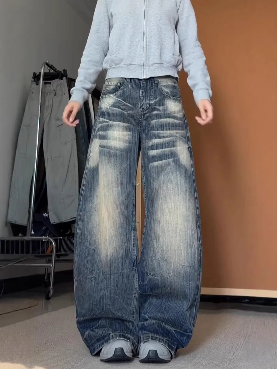

Heavy Duty Large Size Women's Jeans High Waist Wide Leg Jeans Vintage Washed Faded Knife Loose Fit Slimming Pants