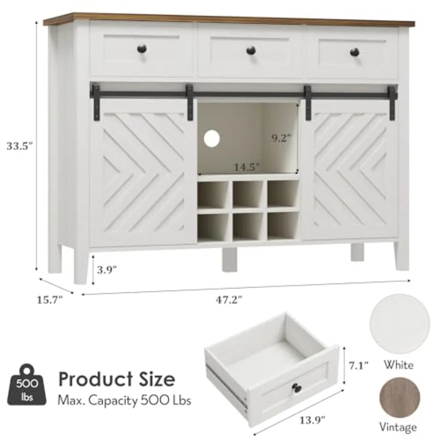 Farmhouse Buffet Cabinet with Sliding Barn Door, 33.4'' Tall Wood Rustic Sideboard with 3 Drawer, Adjustable Shelf and Removabl