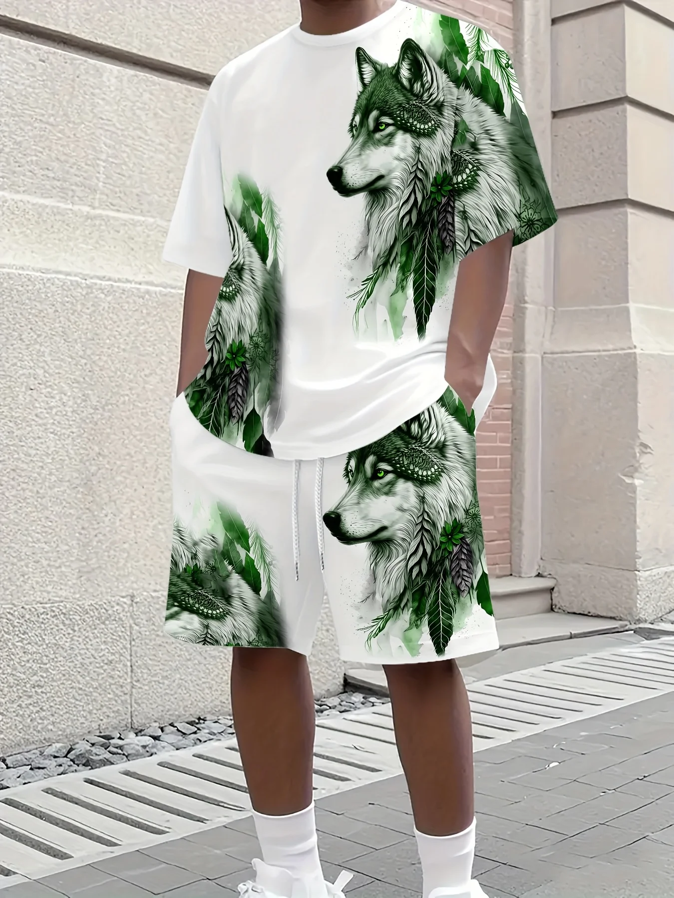 

2025 модная мужская летняя футболка с короткими рукавами и шортами в уличном стиле в стиле хип-хоп с 3D рисунком волка, повседневная одежда для вечеринок