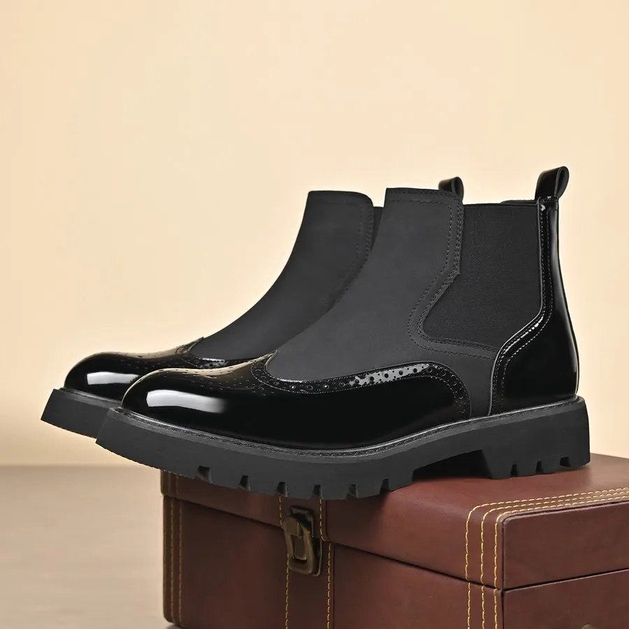 Men's Brogue Chelsea Boots, Microfiber Upper, Elastic Side Slip-On Ankle Boots for Casual Wear