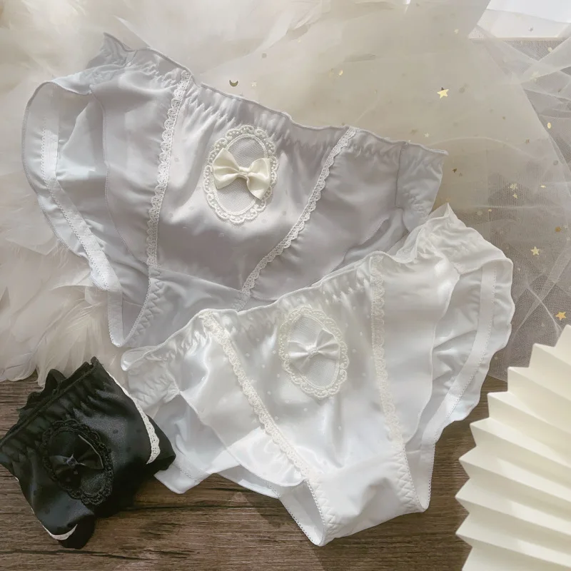 Milk Silk Smooth Satin Retro Palace Style Ruffles Women Panties Cute Lovely Sweety Bow Princess Dot Underwear Breifs