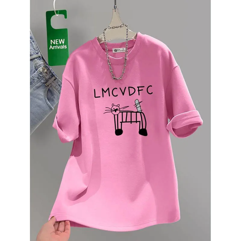 

Women's Clothing Chic Drawing Cat Cartoon Print T-shirt Summer Casual Loose Pure Cotton Short Sleeve Top Tee Lady Basic Pullover