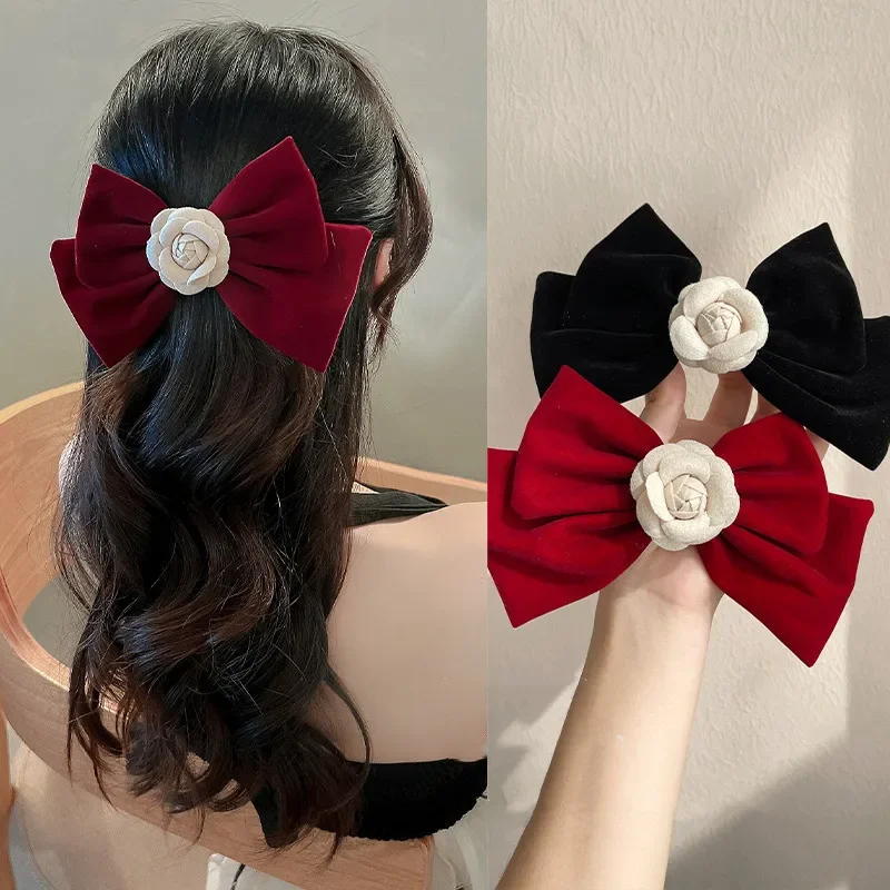 

1 Piece Fashion Design Floral Hair Clips for Girl Elegant Bow Belt Camellia Velvet Barrettes Retro European Women's Headwear