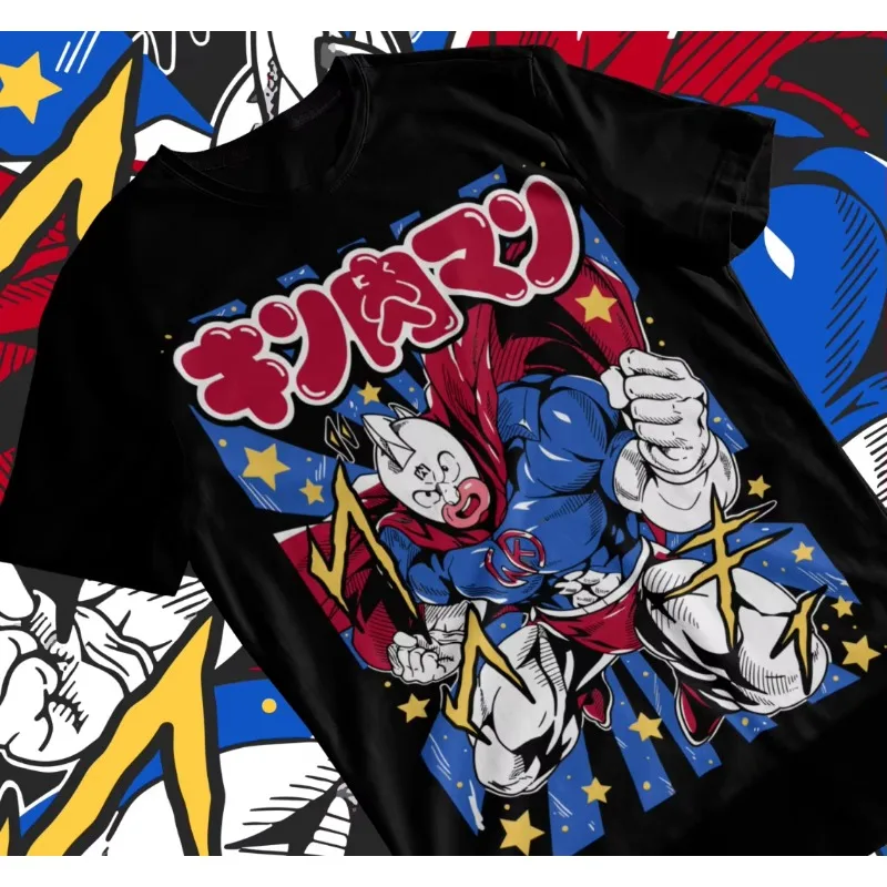Tendencia verano 2025 Cosplay Neutral blanco y negro Kinnikuman Muscleman Manga Japón Anime Camiseta Unisex camiseta suave