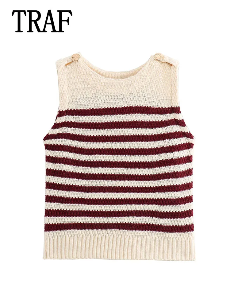 TRAF Women Knitted Vest Tops 2024 Summer New Fashion Metal Breasted Vests Women Elegant Chic striped Vest Tops