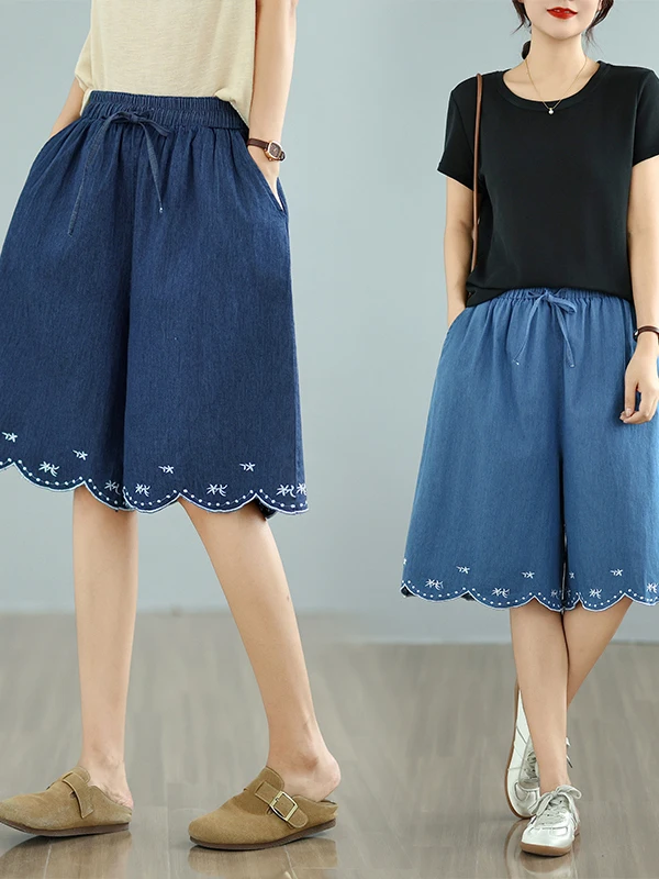 Estate 2025 Nuovo ricamato sottile denim ort pantaloni donna di grandi dimensioni gamba larga allentato dimagrante sei piedi pantaloni casual a vita alta...