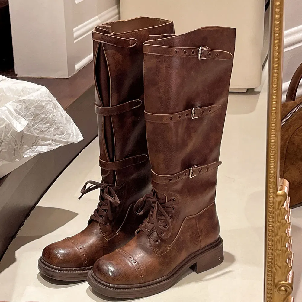 المرأة حذاء برقبة للركبة خمر حزام مشبك تصميم الأحذية النسائية موضة فارس التمهيد جلدية طويلة أنبوب الأحذية بوتاس Largas Mujer #1
