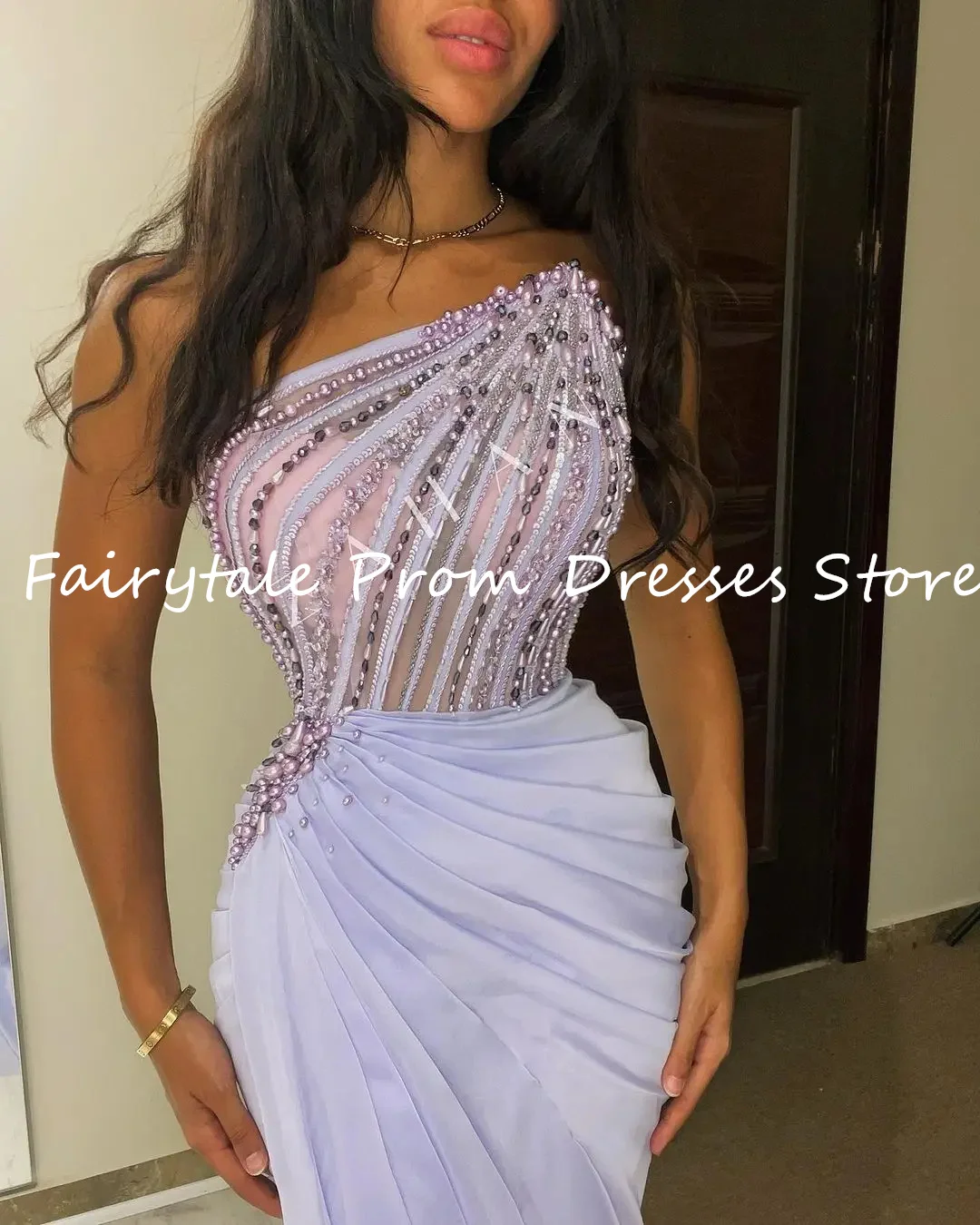 Fairytale Saudi Arabia Crystal Luxury Evening Dresses Lavender Beads Sexy Pearls Formal Women Prom Dress Trumpet Wedding Party