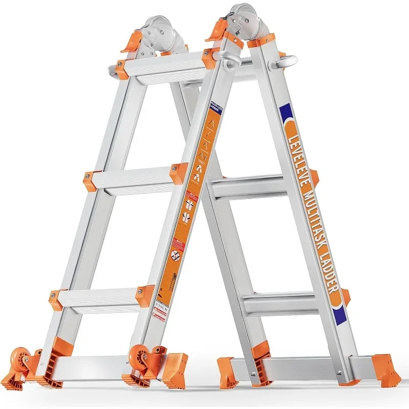 

LEVELEVE Multi Position 3 Step Ladder, 14FT Extension Ladder with Stabilizer Bar & Wheels,330 lbs Security Load A Frame Ladder