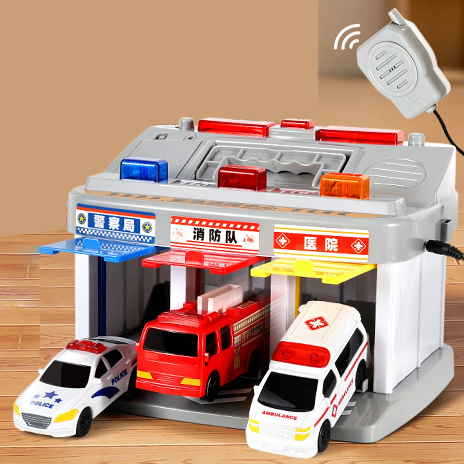 Garage Trucks Set with Music and Light Effects Emergency Vehicle Station with 3 Mini Cars Toy Vehicle for Kids Ages 3 and up