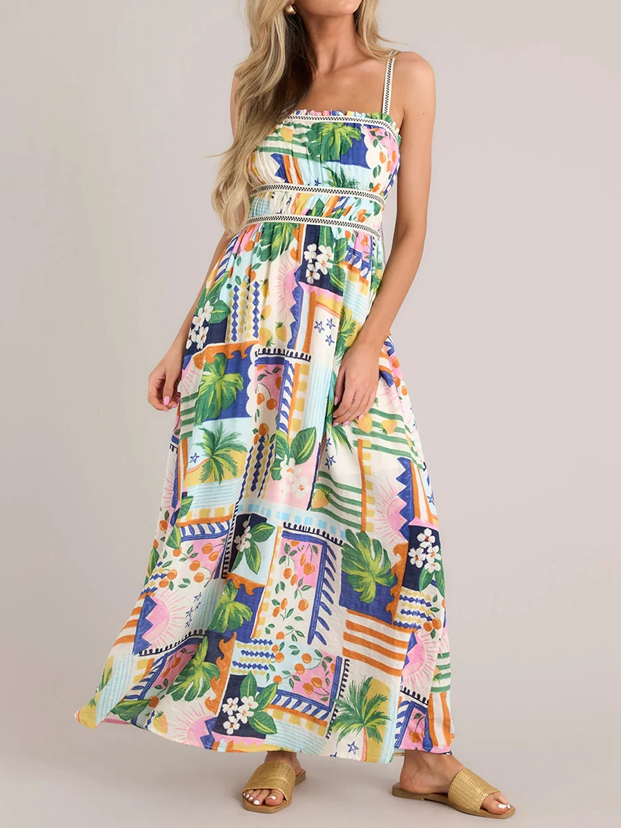 Women's Tropical Print Long Dress Summer Sleeveless Open Back Low Cut Floral Beach Dresses Female Spaghetti Strap Cami Dress