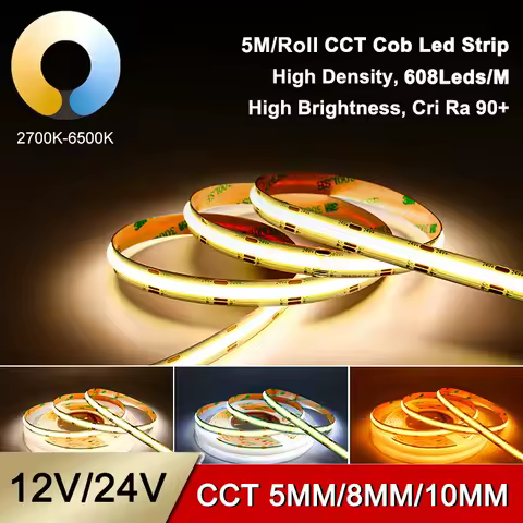 High Brightness 5M/Roll CCT 2700K To 6500K Cob Led Strip Dimmable 12V 24V Ra90 608leds 5MM 8MM 10MM CCT Led Strip Light