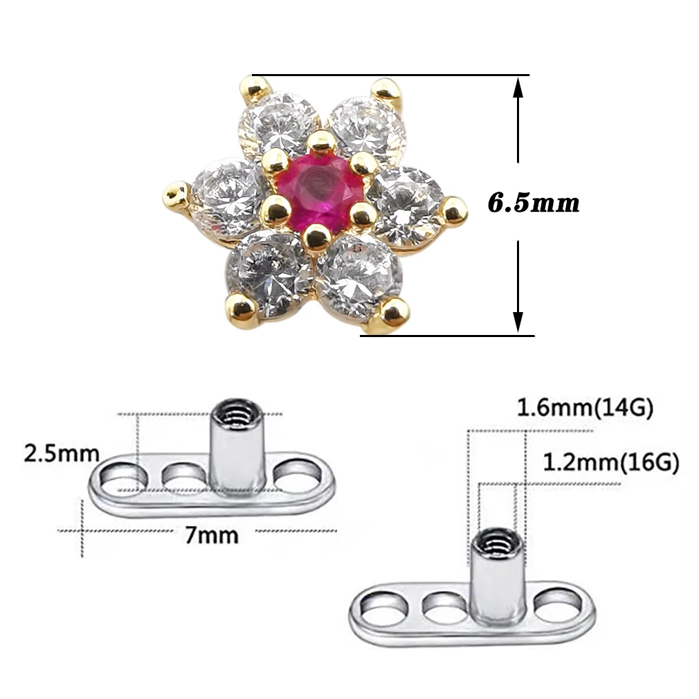 JHJT 1PC G23 Titanium Micro Dermal Anchor Top Skin Drivers Surface Dermal Piercing Flower Heads CZ Implant Body Jewelry 14g