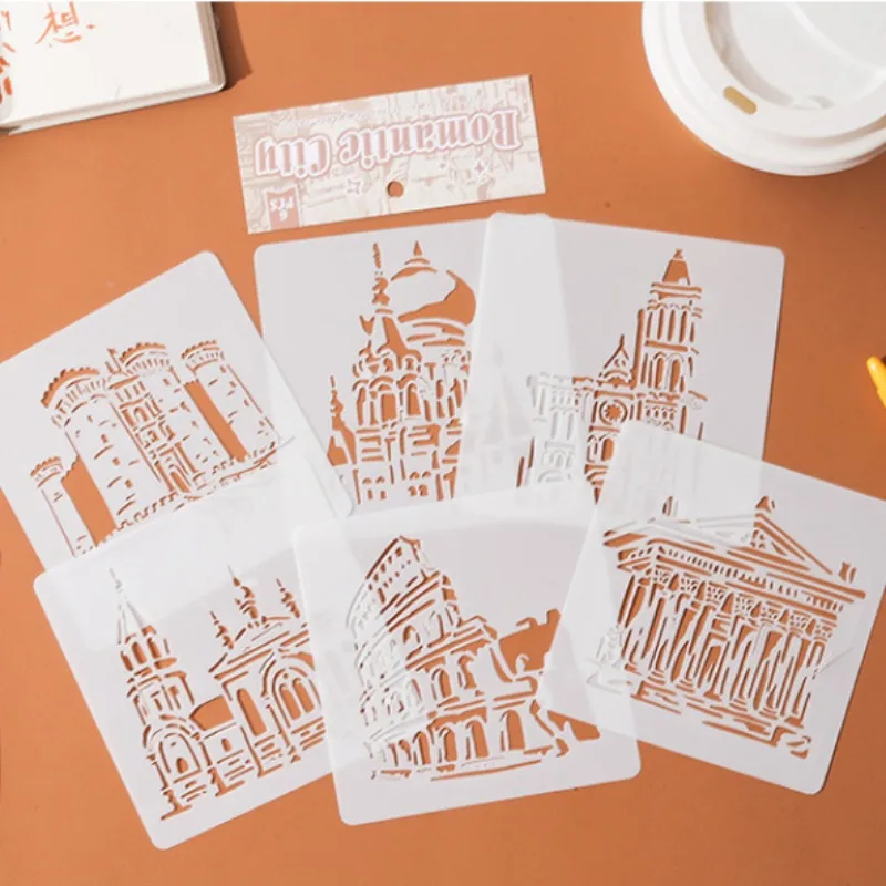 

6 Sheets/Set Vintage Castle Stencil for Scrapbook Notebook Decor DIY Art Projects Templates Craft Drawing Stencil