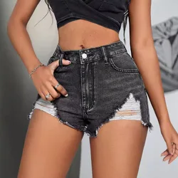 2026 Women's Ripped Denim Shorts Black Grey