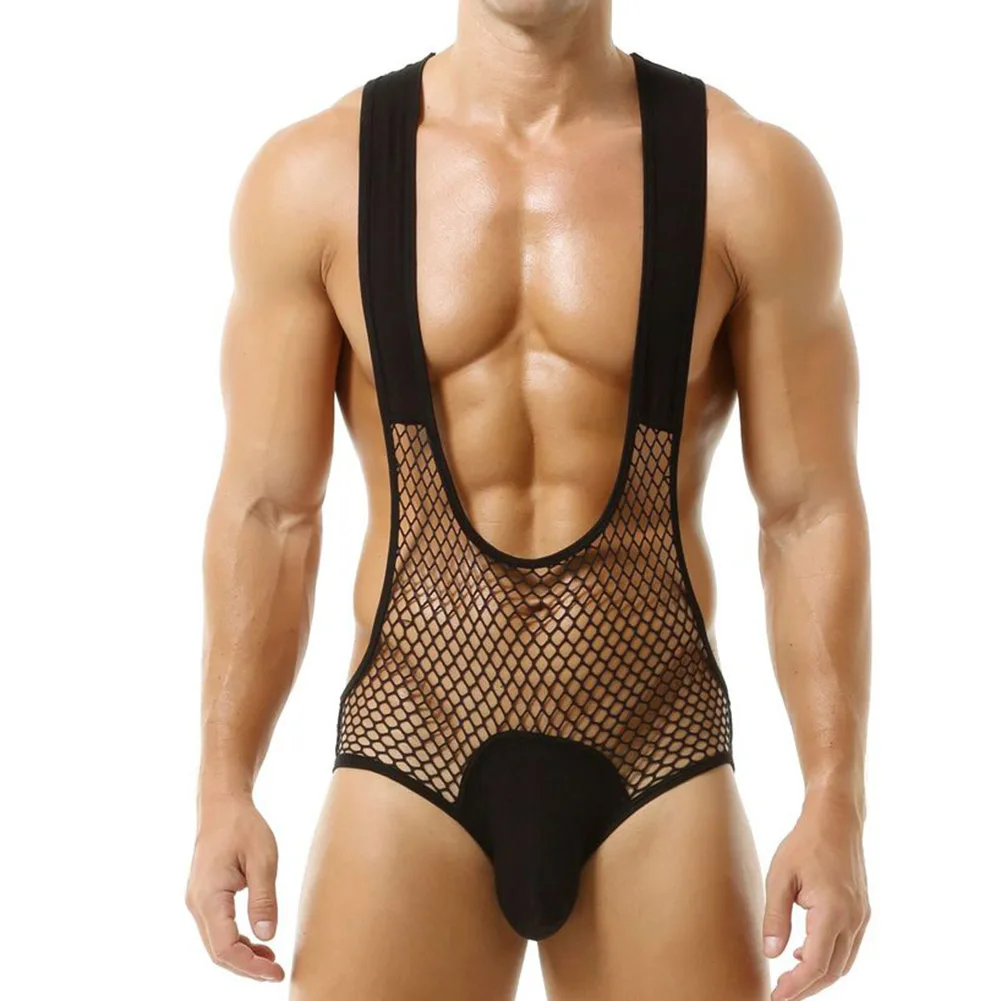 

Men's Sexy Bodysuit Bulge Pouch U Convex Jumpsuit Backless Open Butt Suspender Undershirt Exotic Lingerie For Men