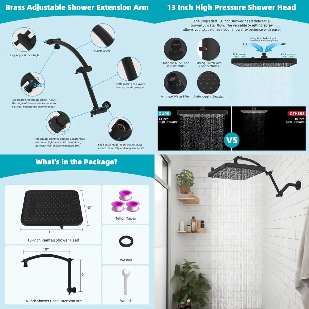 

13-inch High-Pressure Rainfall Shower Head with 5 Modes and 16-inch Extension Arm in Matte Black