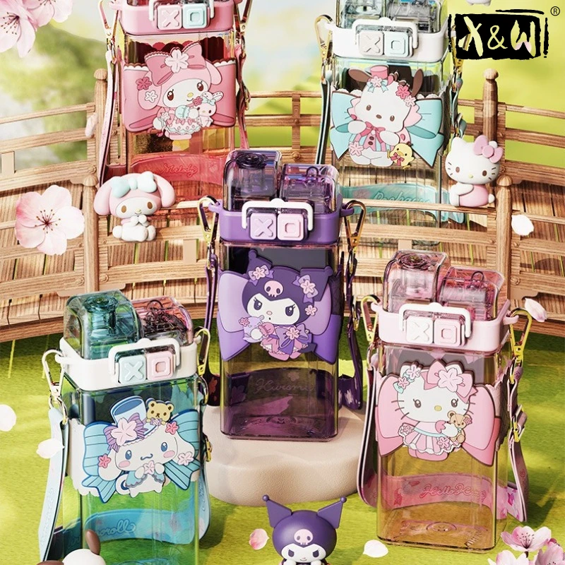 X&W Sanrio Sakura Serie Verschließbarer Doppel-Trinkbecher aus Tritan-PP-Kunststoff, Kaltgetränkebecher mit Deckel und Strohhalm, Kinder-Wasserflasche, Kinderbecher