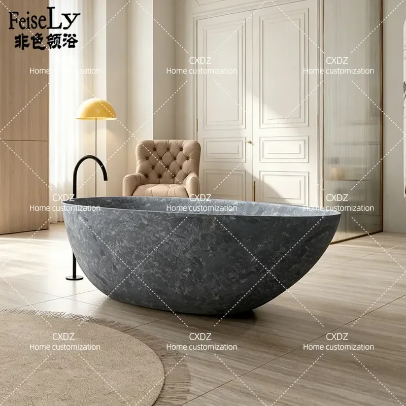 Dark Blue Gray Marble Pattern Freestanding Bathtub Artificial Stone Art Hotel Home Couple Double Oval Tub