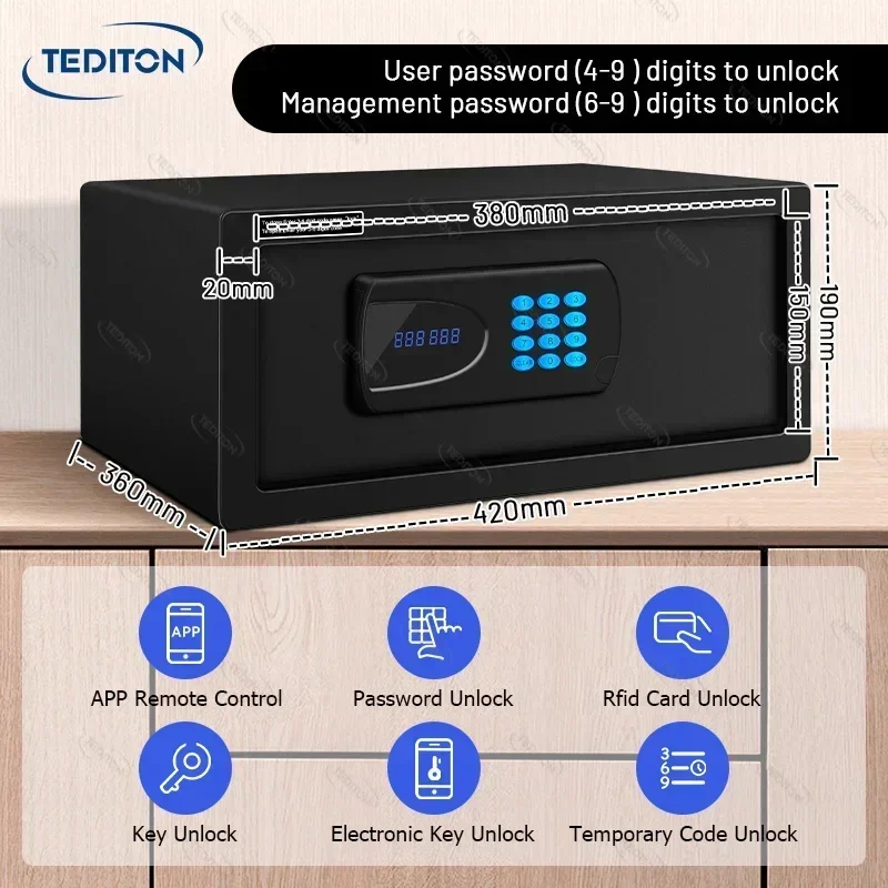 Tediton TTLock app Office Automatic Digital Security Fireproof Smart Safe Box for Hotel Home