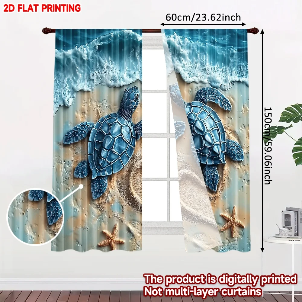2D flat printing 2pcs Curtain Curtains Turtles by the Shore Digital Printed Polyester Drapes Holiday Decorations for Bedroom