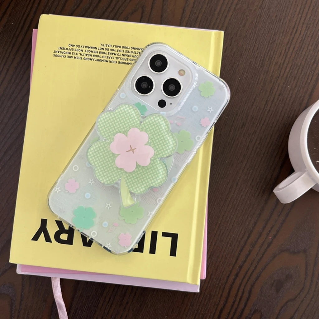 

Художественный красочный четырехлистный клевер Lucky Clover, вращающийся с держателем, магнитный чехол для телефона для iPhone 16, 15, 14, 13, 12 Pro Max
