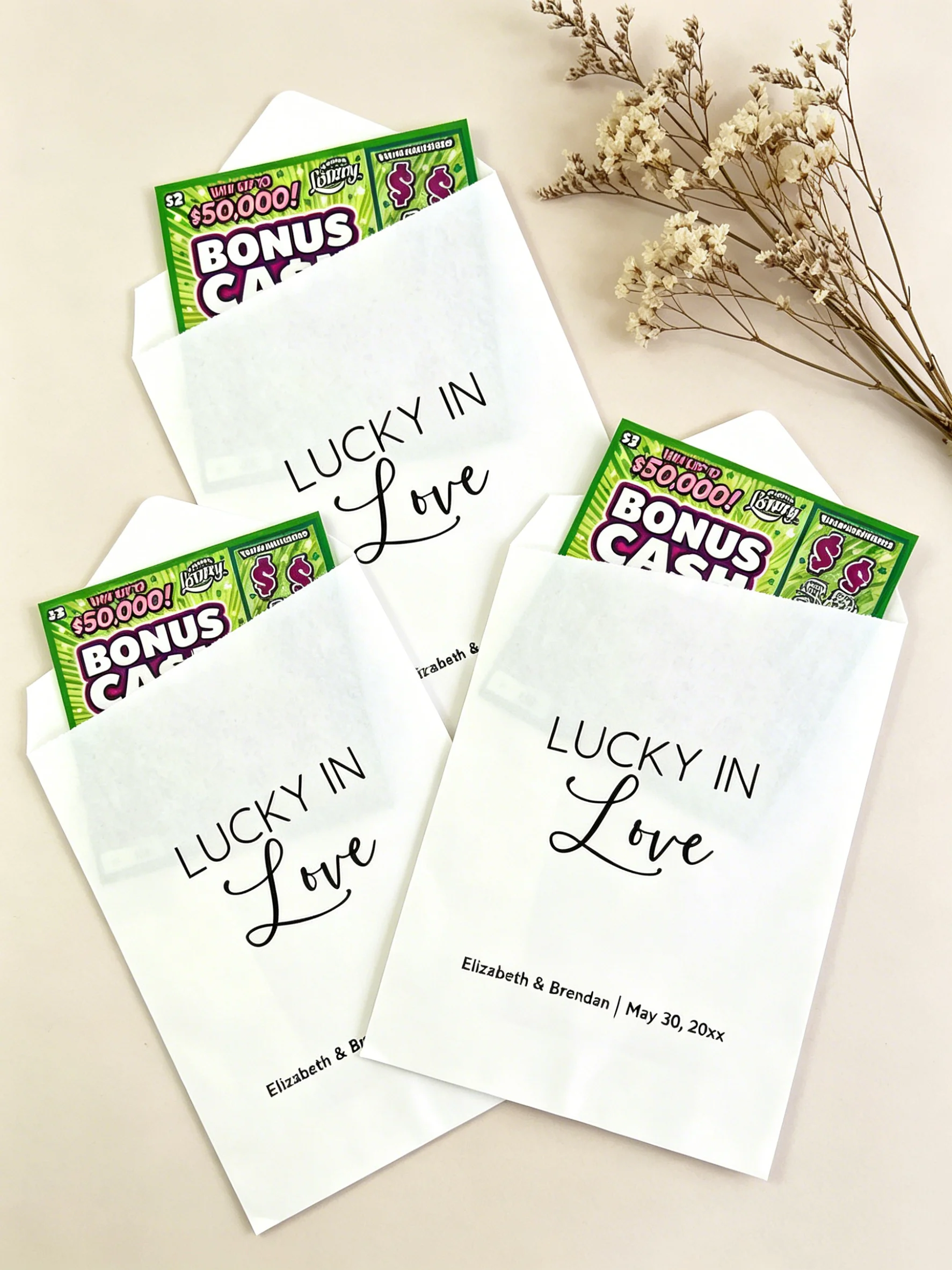 

Personalized "Lucky In Love" Lottery Ticket Favor Bags - Custom Wedding Scratch Off Gift Pouches