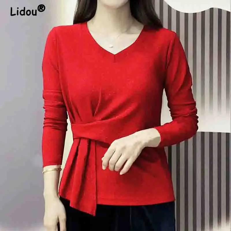 Women's Elegant V-neck Pullovers, Folds, Long Sleeve, Simple, Dignified, Korean Fashion T-Shirt, Blouses Top, Autumn, New, 2024